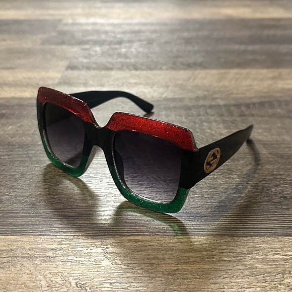 Gucci Black Sunglasses with Red and Green Glitter Frame
